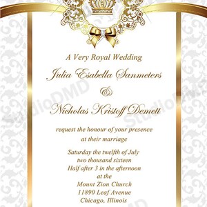 Printable Royal Wedding Invitation Set, White and Gold, Crown Invitation, Elegant Wedding Invitation Printable Or Printed image 3