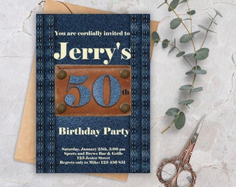 Jeans Birthday Party Invitation, Invitations for guys, Denim, 30th, 40th, 50 th, 60th, 70th, 80th, 90th (any age) - Printable Or Printed