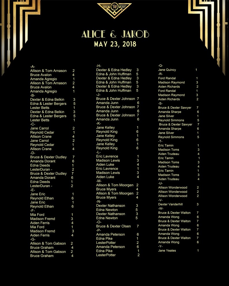 Art Deco Great Gatsby Inspired Microsoft\u00ae Word Format Black and Gold GG01 Wedding Seating Chart EDITABLE TEXT DOWNLOAD Instantly