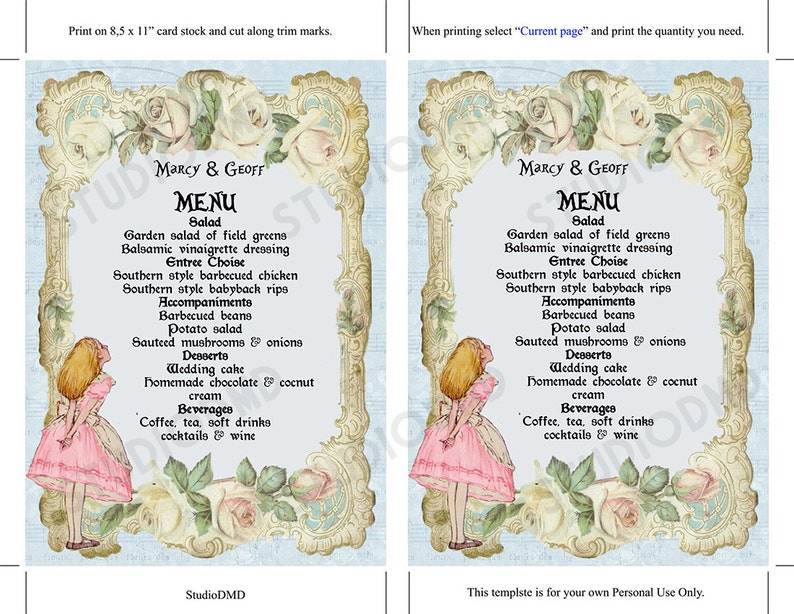 Prinable Menu Template Alice in Wonderland Mad Hatter Tea - Etsy