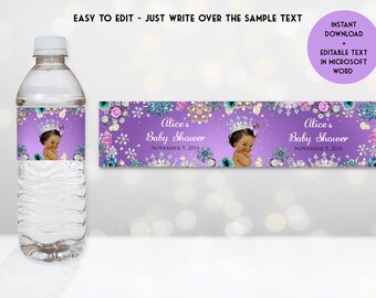 Printable Baby Shower Water Bottle Labels, Little Princess, Baby Girl, Purple, Digital File, EDITABLE text, Microsoft® Word Format, BS52