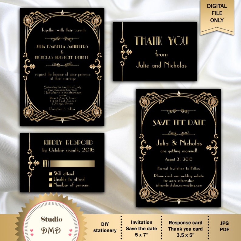 Great Gatsby Style Art Deco Wedding Invitation Suite Tema