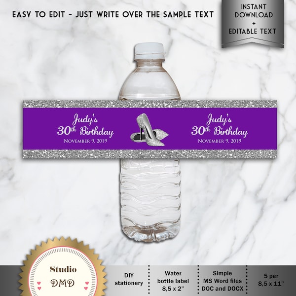 Printable Water Bottle Labels, Purple, Silver, High Heels, Birthday, Bridal Shower - Digital File, EDITABLE text, MS® Word Format, WB09