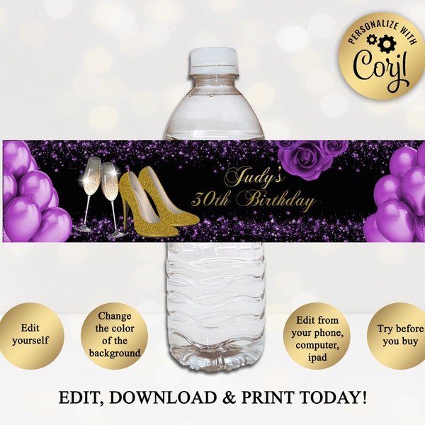 Printable Water Bottle Labels, High Heels, Birthday Printables, Purple And Gold, 30th 40th 50th, Instant DOWNLOAD, EDITABLE In Corjl, WB04