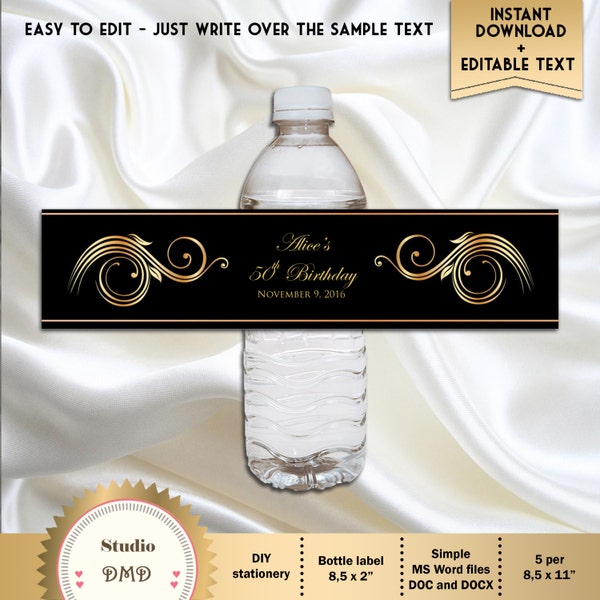 Printable Water Bottle Labels - Elegant Black and Gold - Birthday, Bridal Shower - DOWNLOAD Instantly, EDITABLE TEXT, Word Format, AB01
