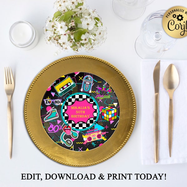 Printable Charger Plate Insert Or Centerpiece, 80's Birthday Party, Back to the 80's Theme, Retro 1980s, DOWNLOAD Instantly, Corjl