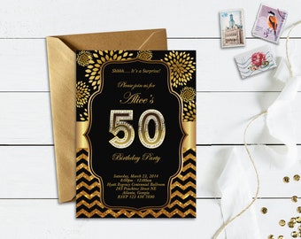 Elegant Birthday Surprise Party Invitation, Gold Glitter Bursts Floral, 21st 30th 40th 50th 60th 70th 80th 90th (any age)-Printable DIY