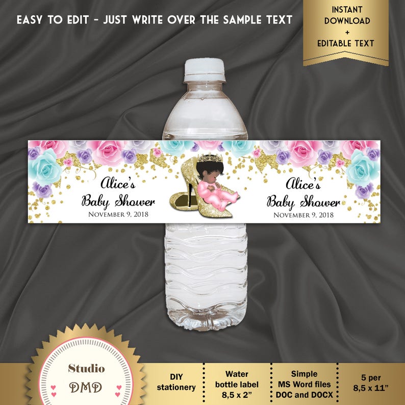 Microsoft\u00ae Word Format Pink Gold Printable Princess Baby Shower Water Bottle Labels Digital File Baby Girl BSG01 EDITABLE text Roses