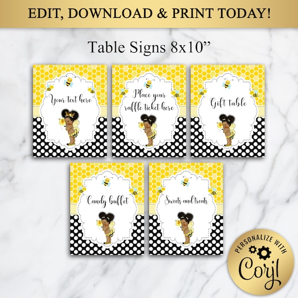 Bee Baby Shower Table Signs, Girl Baby Shower, Bumble Bee, 1st Birthday, Yellow and Black, Babee Shower, Editable in Corjl, BS34