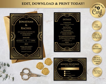 Afdrukbare bruiloft uitnodiging set, Art Deco bruiloft, Great Gatsby geïnspireerd, zwart en goud, Instant Download, bewerkbaar in Corjl, GG01