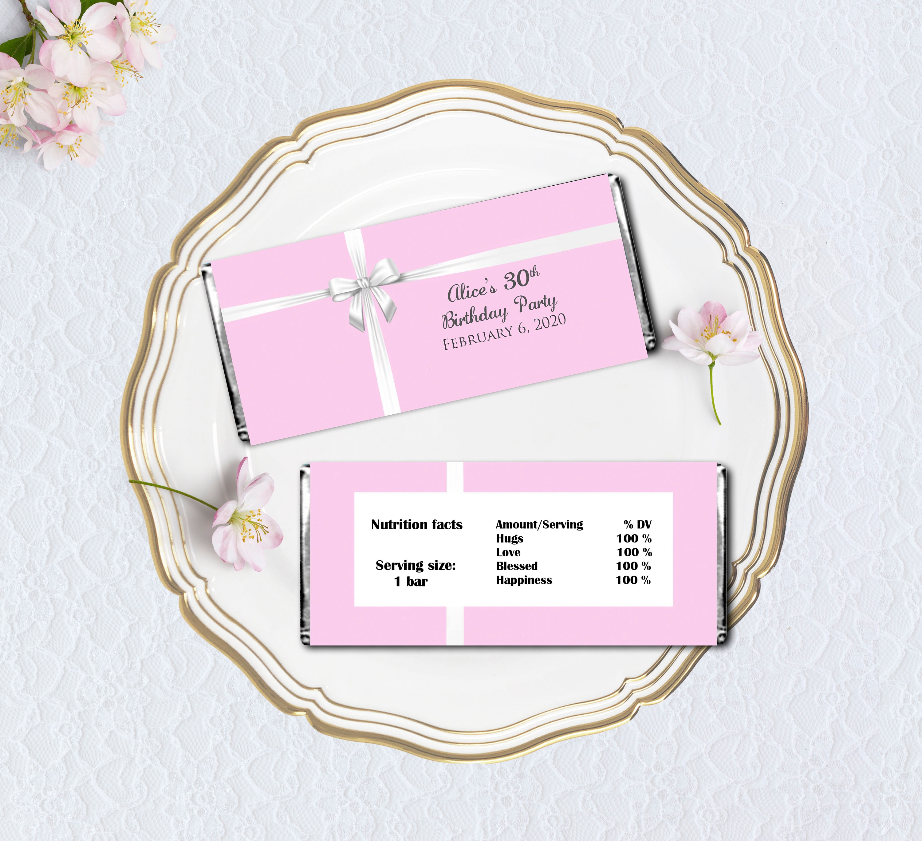 Printable Candy Bar Wrapper, Pink with White Ribbon Hershey