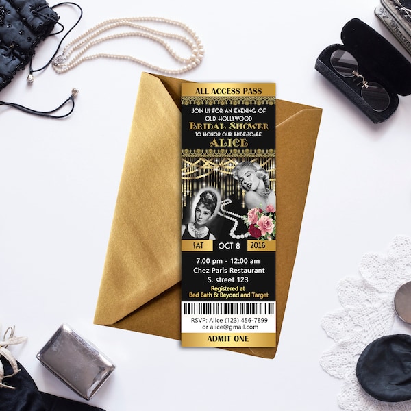 Old Hollywood Bridal Shower Invitation, 1950's Style, Vintage Hollywood Invitation, Black, Gold, Glam Party - Printable Or Printed