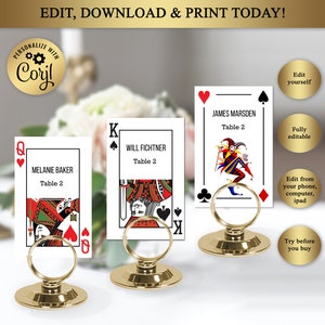 Printable Place Cards, Playing Cards, Casino Theme, Poker, Table seating cards, Queen of hearts, King of Hearts, Editable in Corjl, WB36