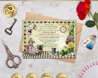 Alice in Wonderland Bridal Shower Invitation, Wonderland Wedding, Mad Hatter Tea Party, Fairytale Wedding - Editable in Corjl, AW05