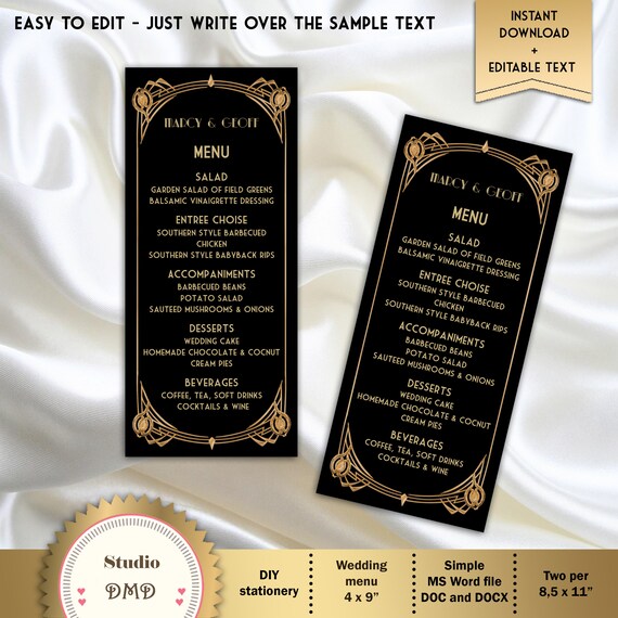 Printable Menu Card Template Great Gatsby Style Art Deco Etsy Ireland