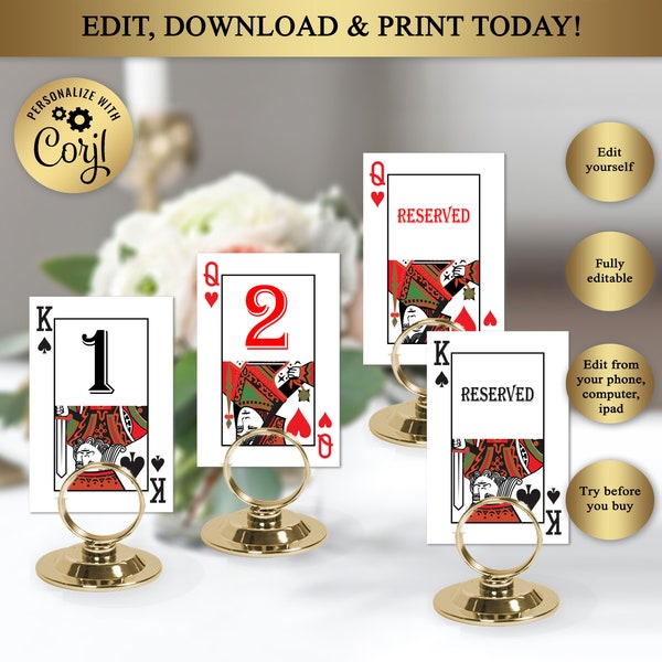 Printable Table Cards, Table Numbers, Casino Birthday Party, Playing Cards, Poker, Queen of hearts, King of Hearts, Editable in Corjl, WB36