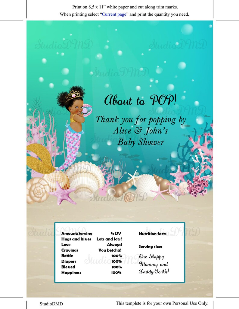 EDITABLE text Ready to Pop African American DOWNLOAD Instantly Word Format Little Mermaid BS29 Printable Microwave Popcorn Wrapper