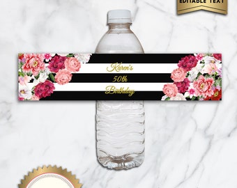 Printable Water Bottle Labels, Floral Black And White Strips, Birthday Party Decoration - Digital File, EDITABLE text, Microsoft® Word, WB15