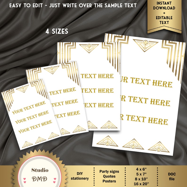 Microsoft Word Format 4 sizes Great Gatsby Style Art Deco Template EDITABLE TEXT DOWNLOAD Instantly Quote Birthday Sign GG06 Poster
