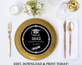 Printable Charger Plate Insert Or Centerpiece, Graduation, Diamonds, Graduate, Grad, Class of, DOWNLOAD Instantly, EDITABLE In Corjl, GR04