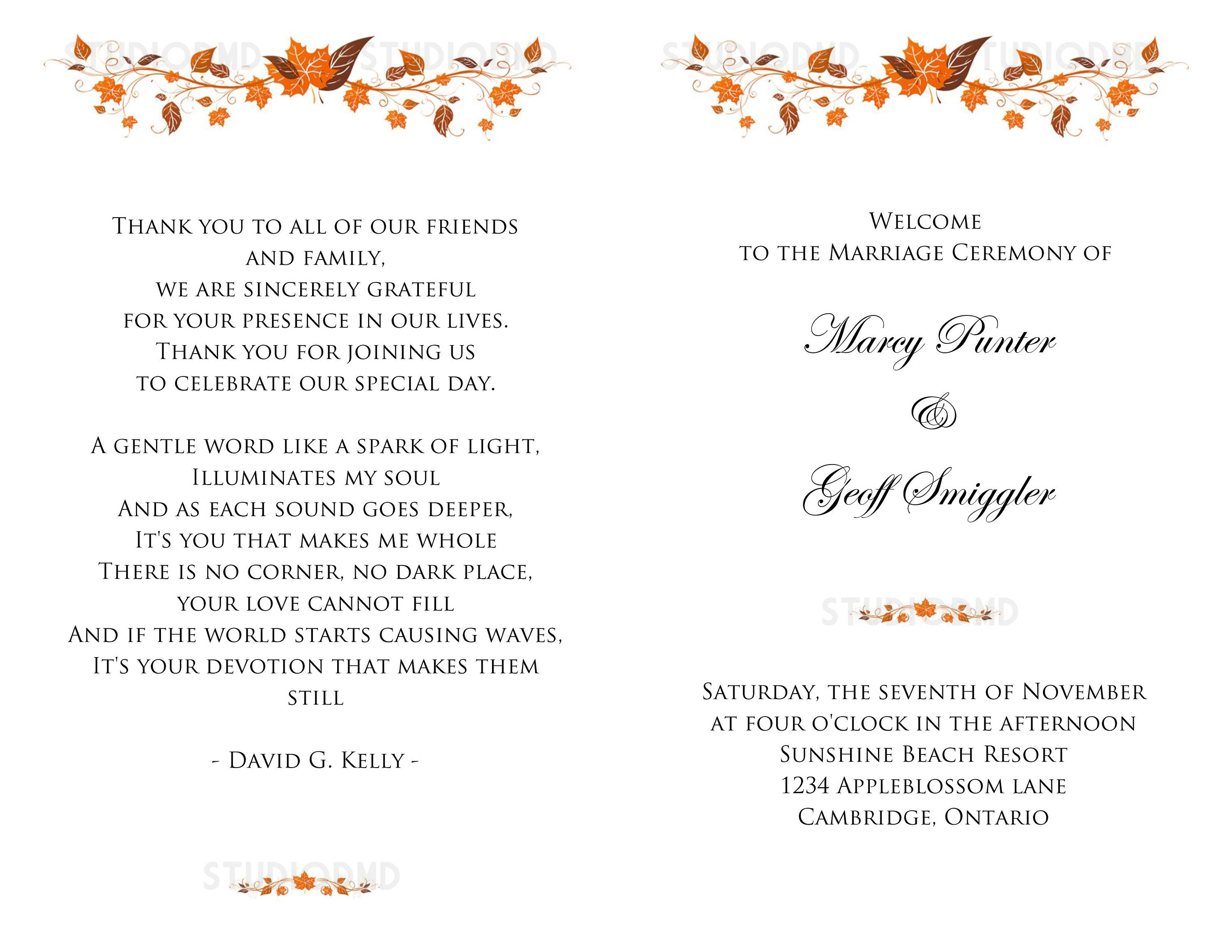 Printable Wedding Program Template Autumn Fall Leaves Wedding | Etsy