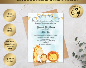 Safari Baby Shower Invitation, Safari Animals, Boy Baby Shower, Jungle Animals Invitation, Instant Download, Editable in Corjl, BS93