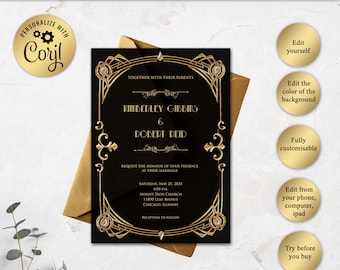 Invito a nozze Art Deco in stile Grande Gatsby, Matrimonio Grande Gatsby, Invito degli anni '20, Anni ruggenti, Modificabile in Corjl, GG02