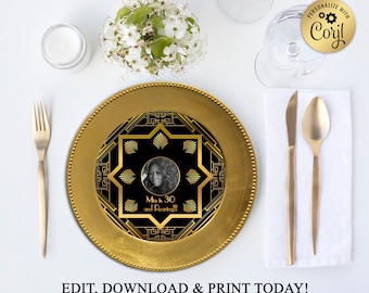 Editable Great Gatsby Charger Plate Insert Purple And Gold Etsy
