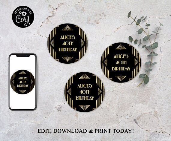 Great Gatsby Art Deco Cupcake Toppers Stickers Labels Black | Etsy