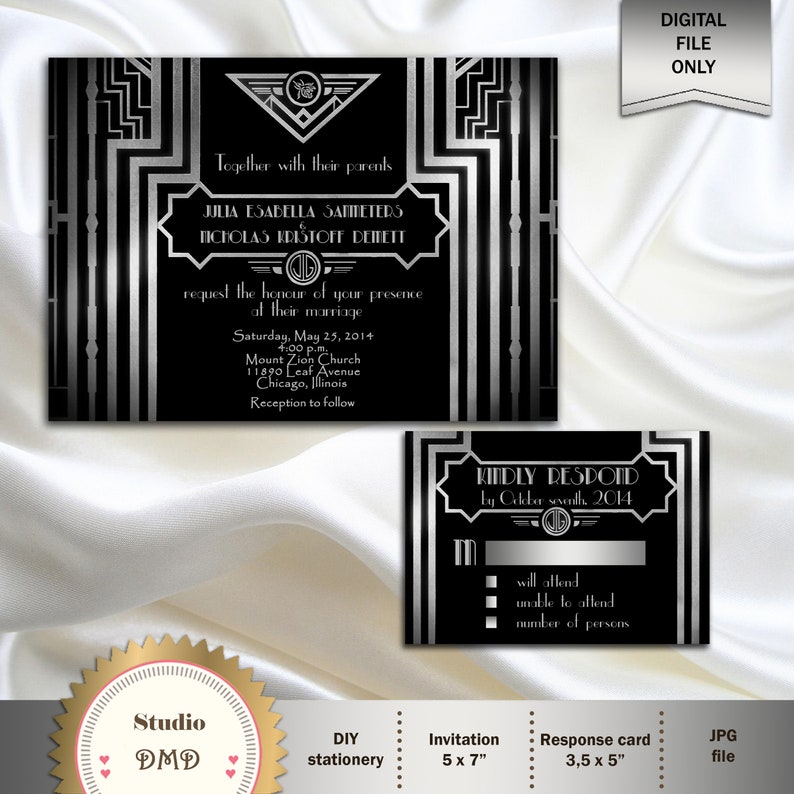 Great Gatsby Style Art Deco Wedding Invitation Suite with