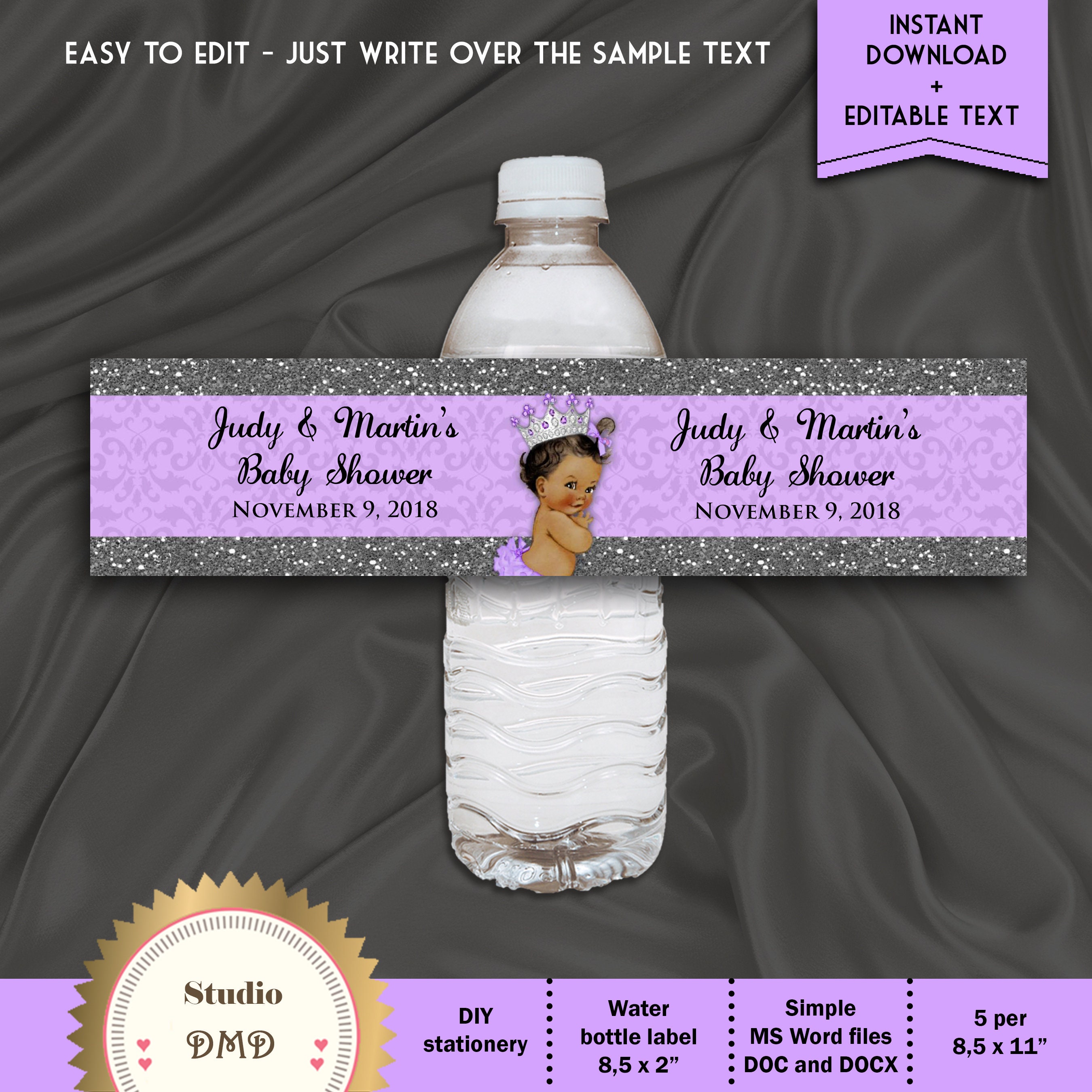 Printable Lavender and Gold Baby Shower Water Bottle Labels | Etsy