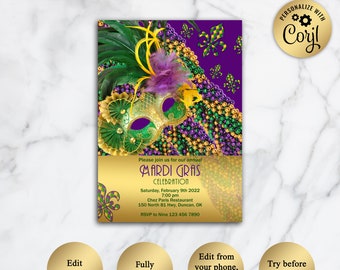 Masquerade Ball Birthday Party Invitation, Mardi Gras Party, Masquerade Party, Green, Purple, Gold, 30th 40th - Editable in Corjl, WB11