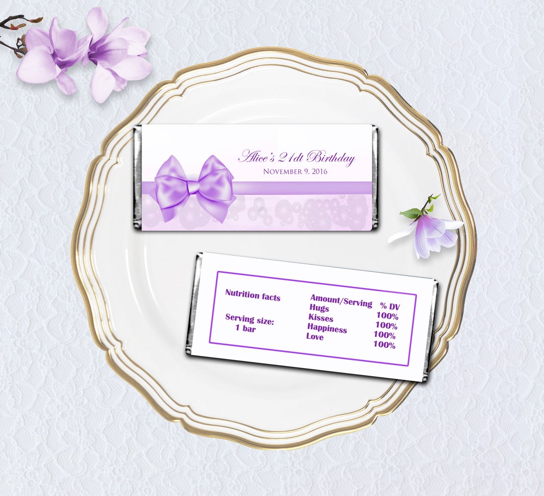 Printable Candy Bar Wrapper, Purple Ribbon, Birthday Party Decoration