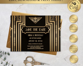 Great Gatsby Style Art Deco Save the Date Card, Roaring Twenties, 1920's, 20's Style, Great Gatsby Save The Date, Editable in Corjl, GG01
