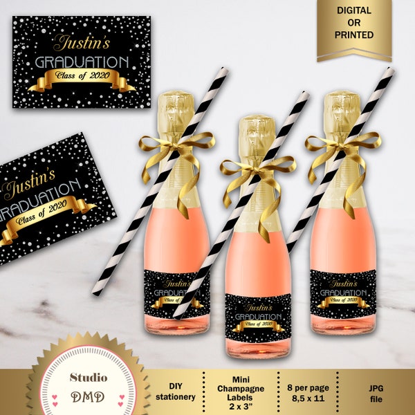 Mini Champagne Or Wine Bottle Labels, 2 x 3", Diamonds, Black Gold, Graduation, Party Decoration, Party Favors - Printed or Digital, WB08