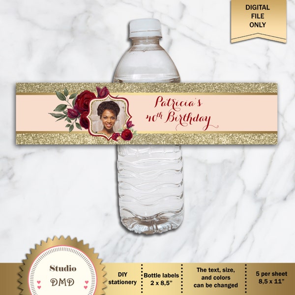 Printable Water Bottle Labels, Elegant Floral with Photo, Birthday, Bridal Shower, Engagement, Wedding, Graduation, Anniversary, WB16