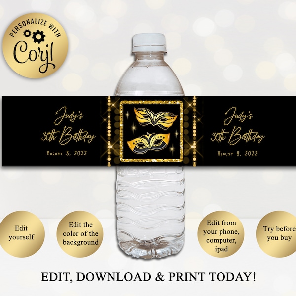 Masquerade Party Water Bottle Label, Birthday Party Decoration, Black And Gold, Mask, Bottle Water Wrapper, Corjl Instant Download, MBG01