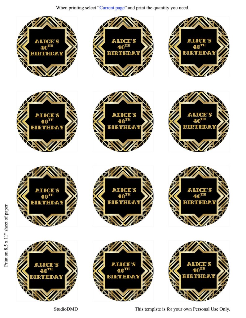 Great Gatsby Art Deco Cupcake Toppers Stickers Labels Black - Etsy