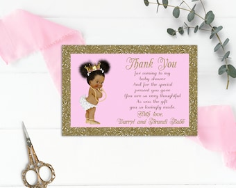 Printable Baby Shower Thank You Card, Little Princess, Royal Baby Shower, Baby Girl, Pink, Gold Glitter - Digital file, BSPG01