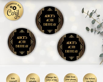 Great Gatsby Art Deco Cupcake Toppers, Stickers, Labels, Black and Gold, Roaring Twenties, EDITABLE text, Corjl Instant Download, GG01