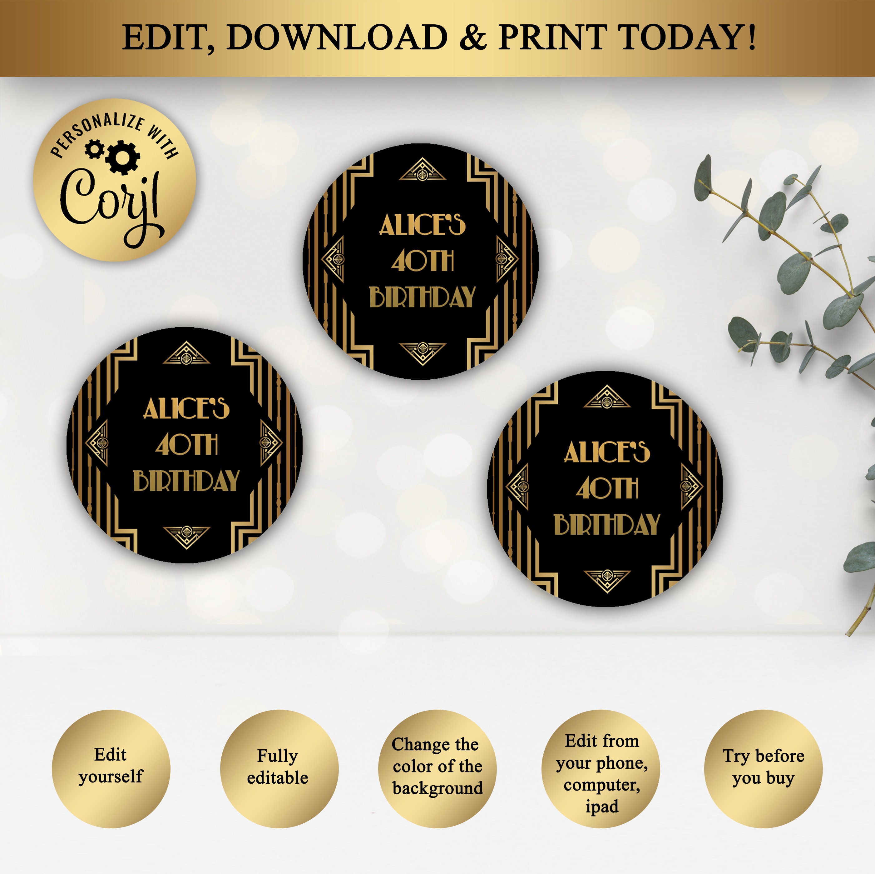Buy Great Gatsby Art Deco Cupcake Toppers Stickers Labels Black
