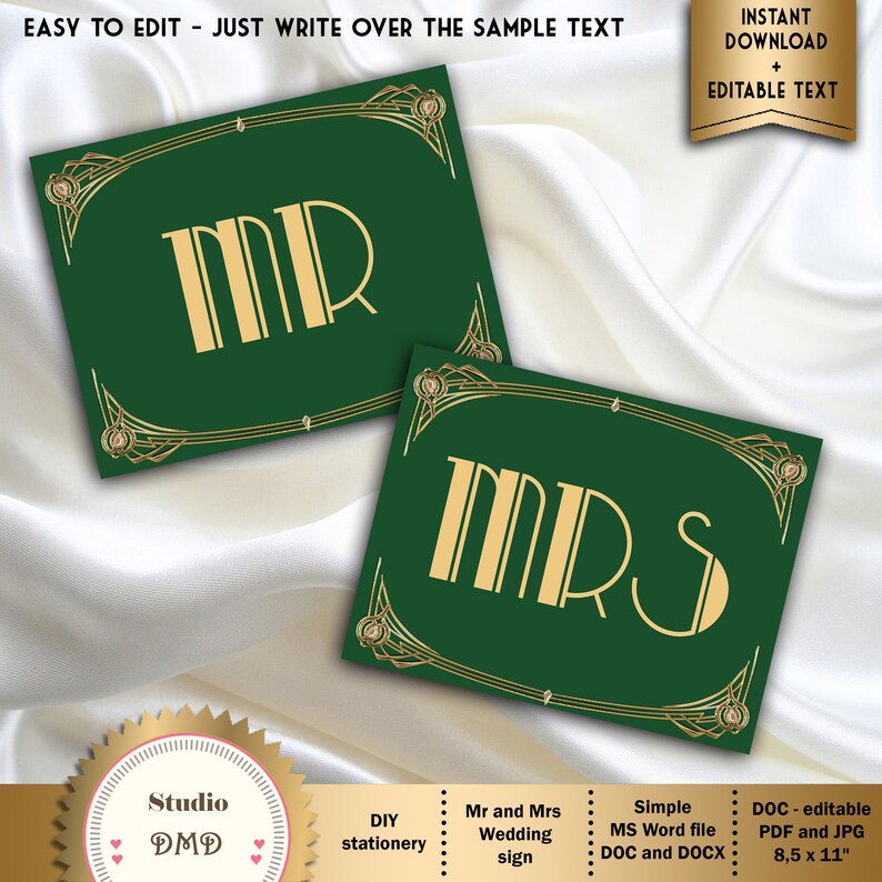 Great Gatsby Art Deco Mr And Mrs Chair Signs Wedding Signs Emerald Green And Gold Editable Text Microsoft Word Format Gg04