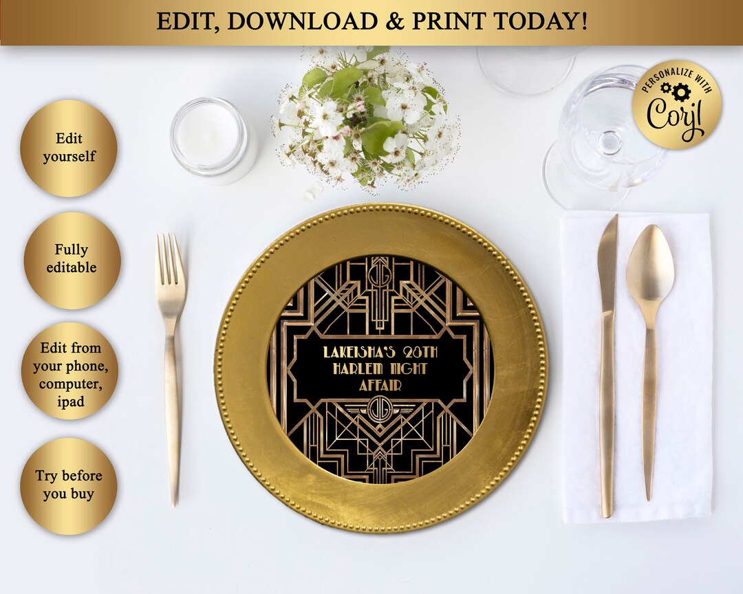 Printable Charger Plate Insert or Centerpiece, Art Deco Theme Birthday ...