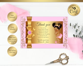 Printable Baby Shower Thank You Card, Little Princess, Royal Baby Shower, Baby Girl, African American, Pink, Gold, Editable in Corjl, BSGP01