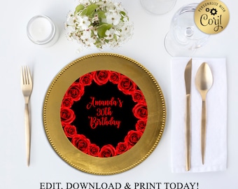 Printable Charger Plate Insert Or Centerpiece, Red Roses, Birthday Printables, Red And Black, DOWNLOAD Instantly, EDITABLE In Corjl, WB33