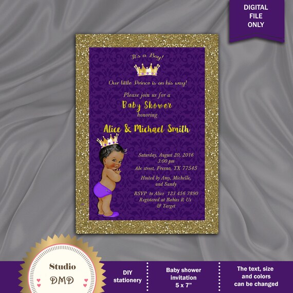 Prince Baby Shower Invitation Little Royal Boy African American Purple Gold Printable Digital File Bs08