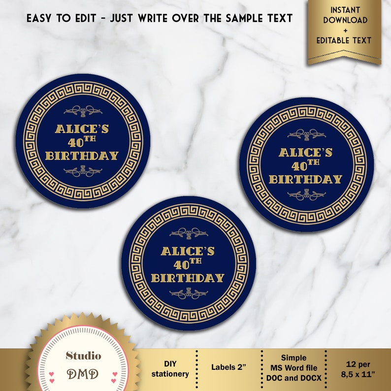 Great Gatsby Art Deco Cupcake Toppers Stickers Labels Navy | Etsy