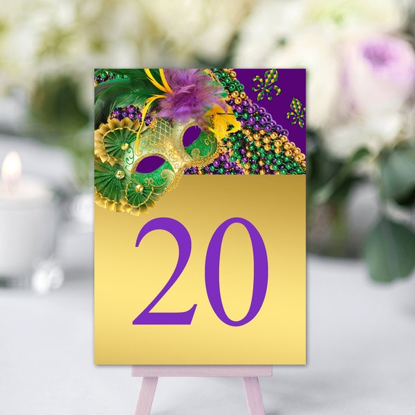 Printable Table Cards, Mardi Gras Table Numbers, Table Decoration, Masquerade Ball, Masquerade Party Purple, Green - Instant Download, WB11