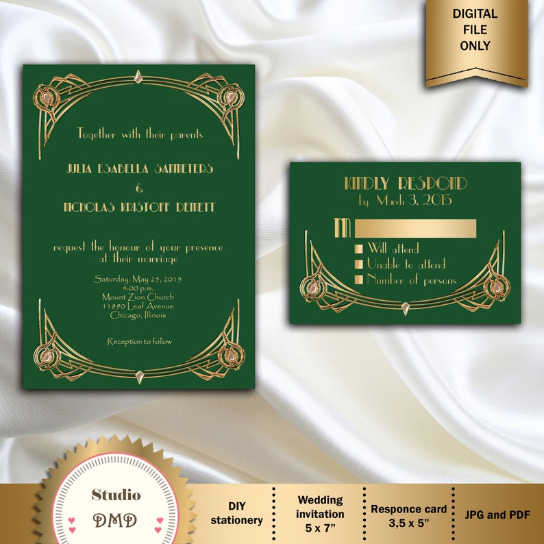 Great Gatsby Style Art Deco Wedding Invitation Suite