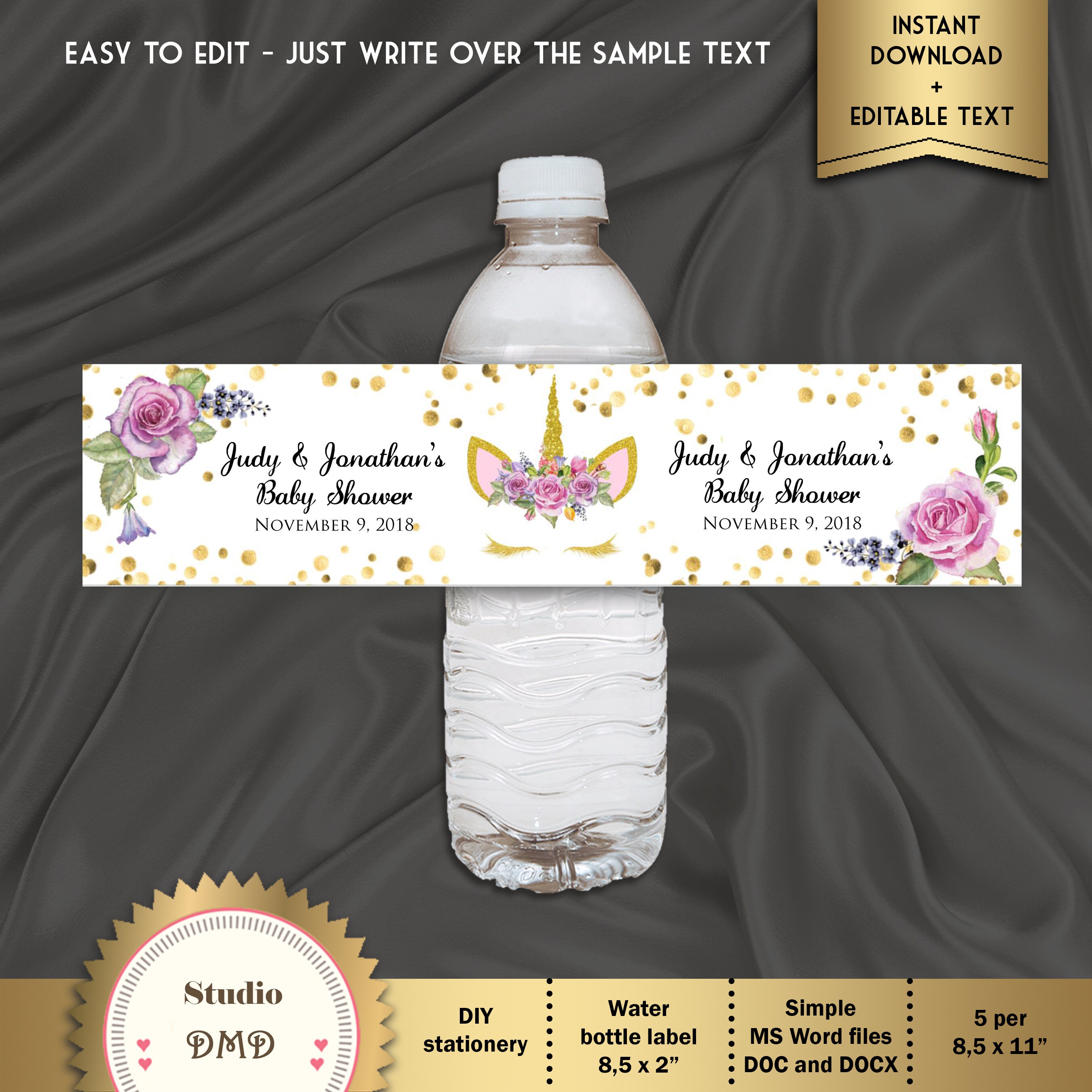 printable unicorn baby shower water bottle labels baby